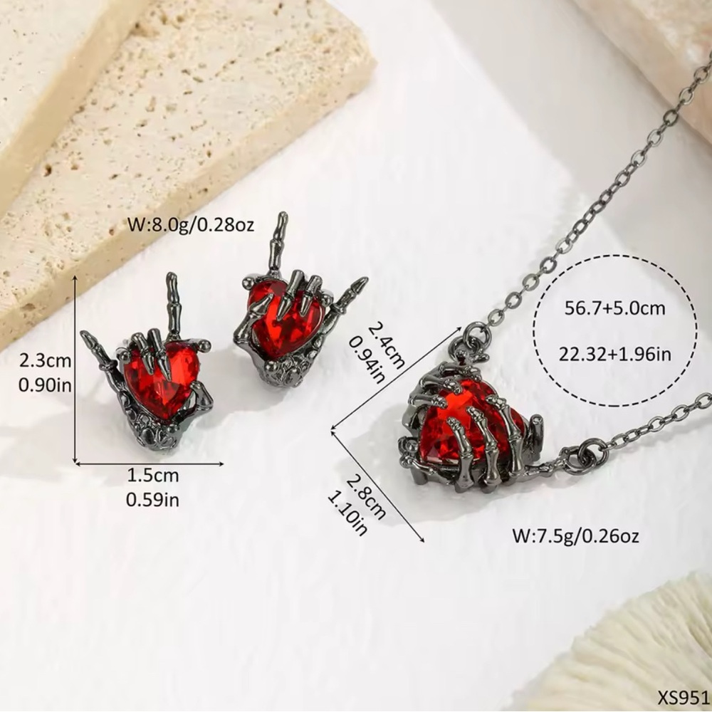 Black Gun Metal Rhodium Skeleton Hands Heart Necklace & Earrings Halloween Goth - Picture 12 of 12